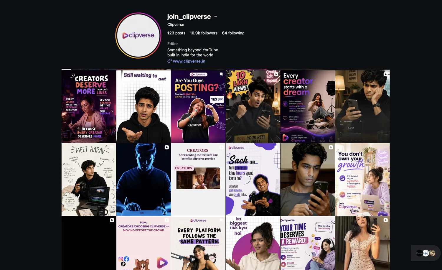 The @join_clipverse Instagram profile: 123 posts and 10.9 thousand followers, with a grid of creator-focused campaign posts and reels.