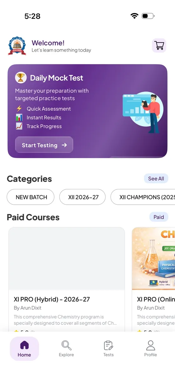 Paraclasses app home screen with a daily mock test banner and course categories