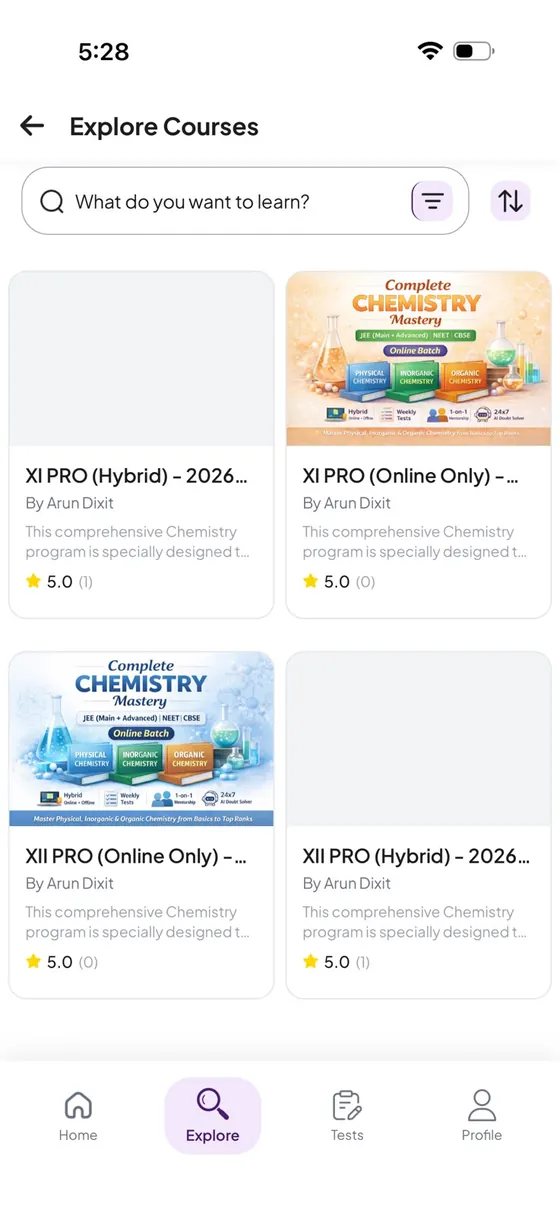 Explore Courses screen with search, filters and chemistry programmes