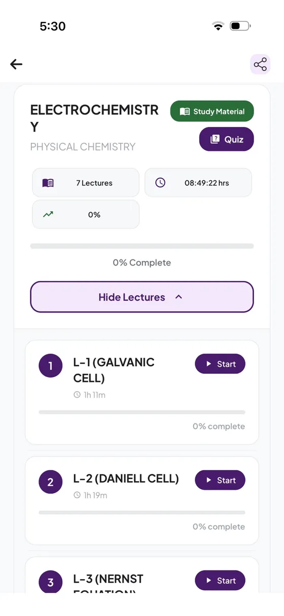 Electrochemistry course screen showing lectures and completion progress