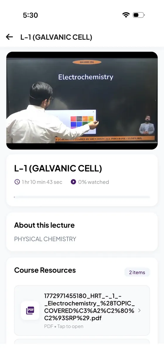 Lecture screen for Galvanic Cell with video player and resources