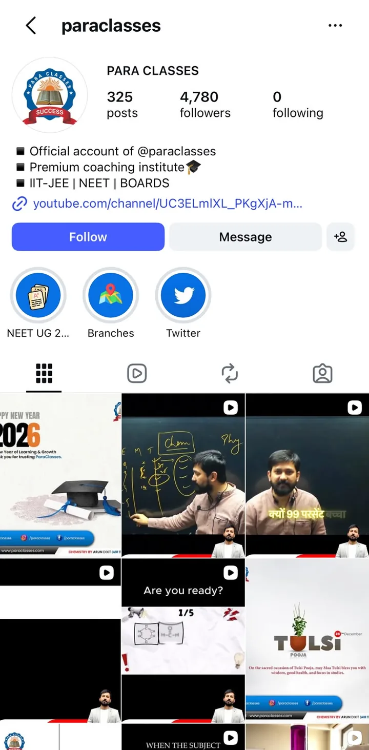The @paraclasses Instagram profile: 325 posts, 4,780 followers, described as a premium coaching institute for IIT-JEE, NEET and Boards, with a grid of teaching and campaign posts.