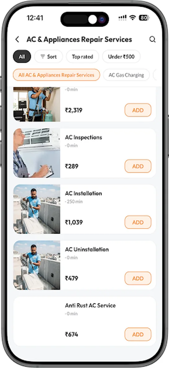 AC and appliances repair category in the customer app