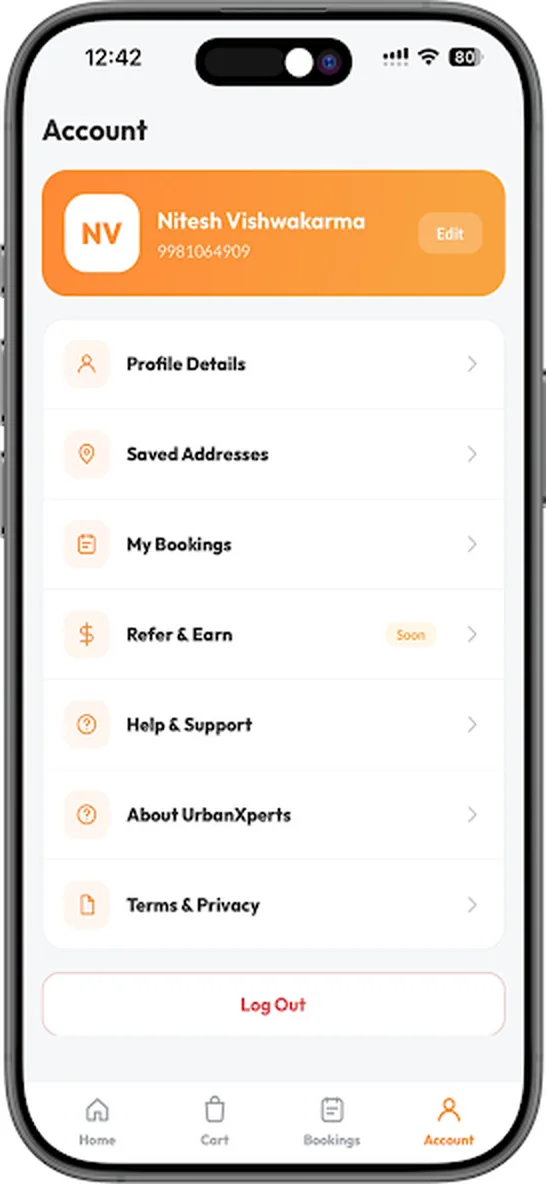 Customer account with profile, addresses, bookings and support