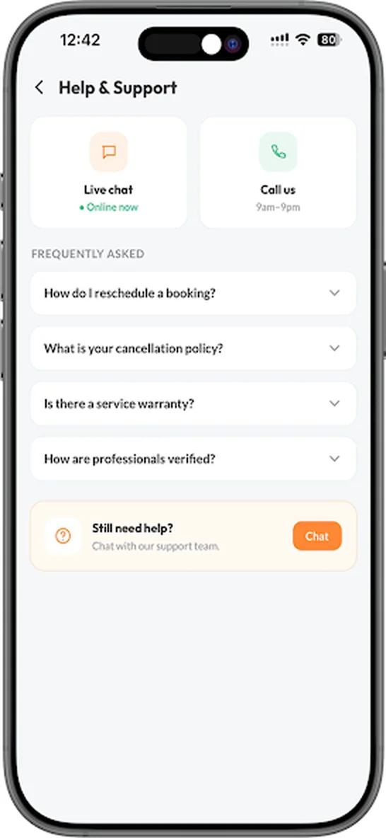 Help & support with live chat, call and FAQs